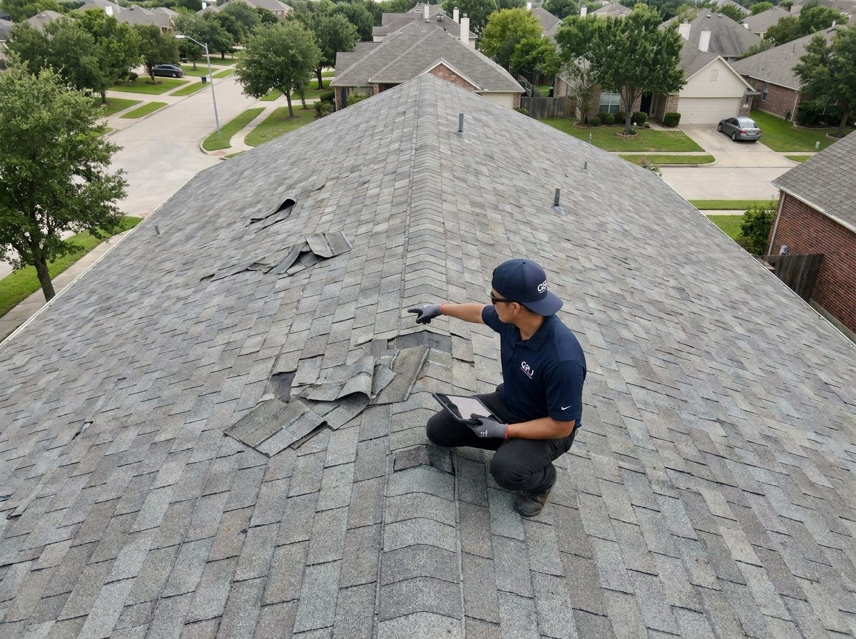Aerial drone view of a GRJ inspector pointing out wind-damaged shingles during a roof inspection