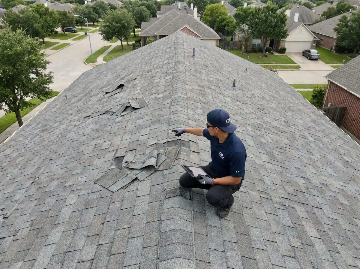 Aerial view of a roof inspection documenting wind-damaged shingles