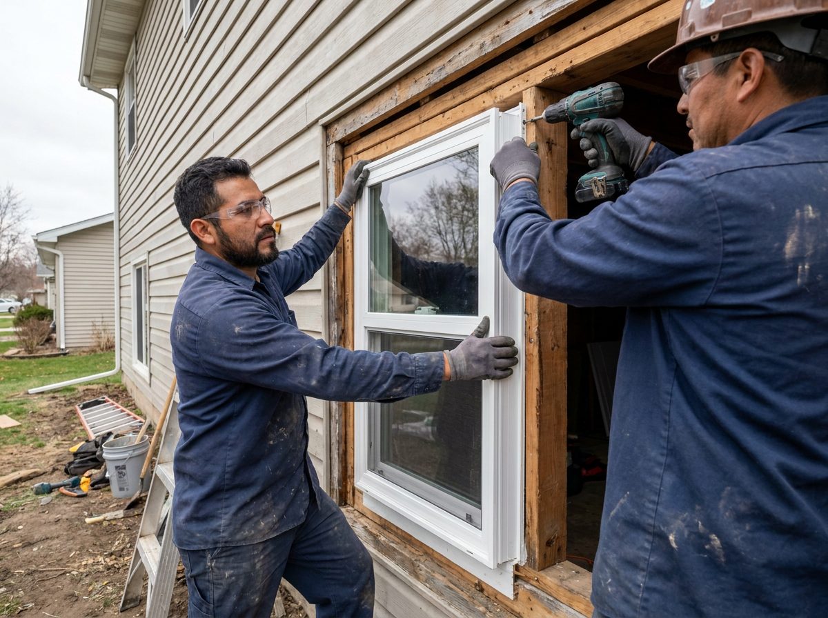 Virosupply crew installing a new vinyl window on a Midwest home