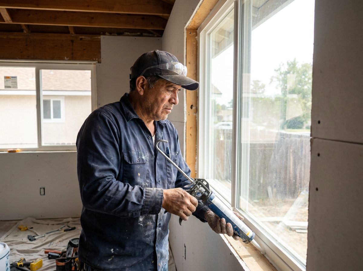 Virosupply worker sealing a newly installed window